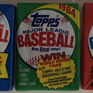 Carte da baseball vintage Topps MLB 3 confezioni di cera sigillate del 1983, 1984 e 1985