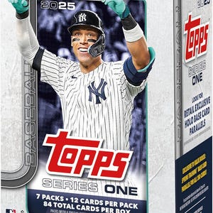 May include: Topps Series One 2025 baseball card box featuring a player in a pinstripe uniform. The box includes 7 packs with 12 cards per pack, totaling 84 cards. The box has the Topps logo and the words "Series One".