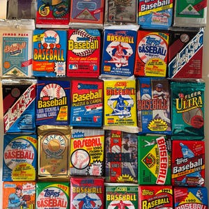 65 pacchetti di carte da baseball - Carte vintage non aperte, confezioni in scatola di cera, spedizione rapida e gratuita, Topps Fleer Donruss e altro ancora