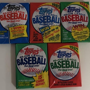 1981 1982 1983 1984 1985 Carte da baseball vintage Topps MLB mai aperte, 5 confezioni di cera