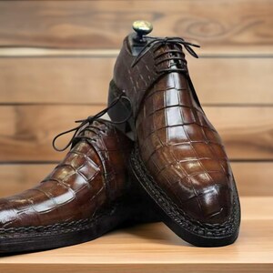 Fashion Trends Handcrafted Dark Brown Color Crocodile Texture Leather Oxford Style Men Shoes