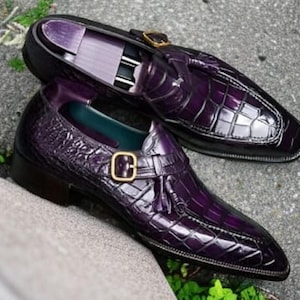 Fashion Trends Handcrafted Purple Color Crocodile Texture Leather Slip On Monk Style Men Shoes