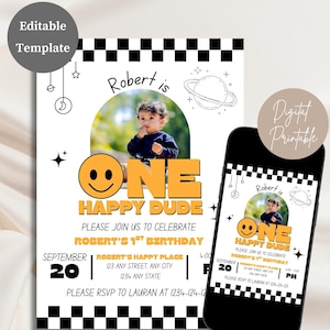 Un mec heureux faire-part pour le premier anniversaire | Smiley rétro modifiable en téléchargement numérique | Faire-part pour le premier anniversaire d'un garçon