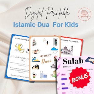 Karty modlitw dla dzieci - do wydrukowania na co dzień 28 modlitw edukacyjnych islamskich z darmowym bonusem Salah Tracker jako prezent dla dzieci