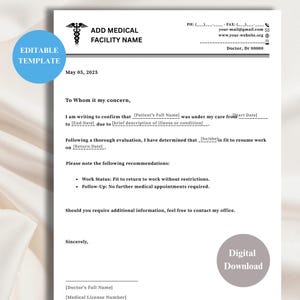 Arzt Unterschrift Entschuldigung Hinweis für die Rückkehr zur Arbeit und Schul Absenzen - Bearbeitbare A4 Pdf Dr Briefvorlage
