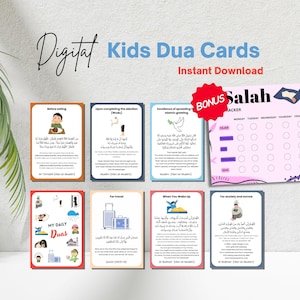 Karty Dua Islamskie dla Dzieci - Wydrukowana Codzienna Edukacja Pamięciowa Prośba - Z Darmowym Bonusem Śledzenia Salah - Pobieralny Prezent Duaas
