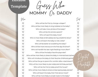 Raad eens wie mama of papa afdrukbare babyshower mama of papa feestspel, Moederdagcadeau - bewerkbare minimalistische trivia-vragen