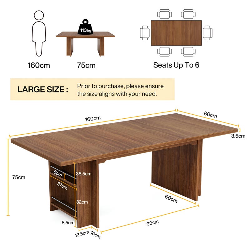 Dining Table for 6 to 8 – 63 Inch Rectangular Wooden Kitchen Table With ...