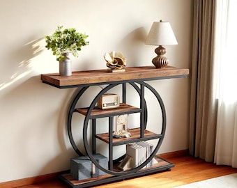 Wooden Console Table, Entryway Table wood| home Decor| with Shelves, Rustic Industrial sofa side, Living Room, Foyer Hallway Storage Stand