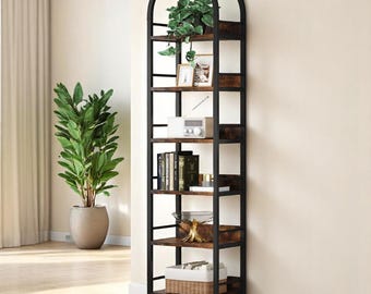 Corner Bookshelf Tall 78.7" Arched | Narrow Leaning Bookcase with Metal Frame | Freestanding Display Shelf for Books & Decor