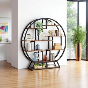 Modern Bookshelf | Round Bookshelves with Staggered Shelves, 63&quot; Industrial Wood Etagere Bookcase for Living Room or Office