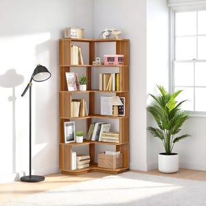 Unique Wooden Bookshelf, Corner Bookshelf, Bookcase with Wood Finish, L-Shaped  with Baffle for Home Office & decor