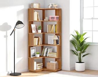 Unique Wooden Bookshelf, Corner Bookshelf, Bookcase with Wood Finish, L-Shaped  with Baffle for Home Office & decor