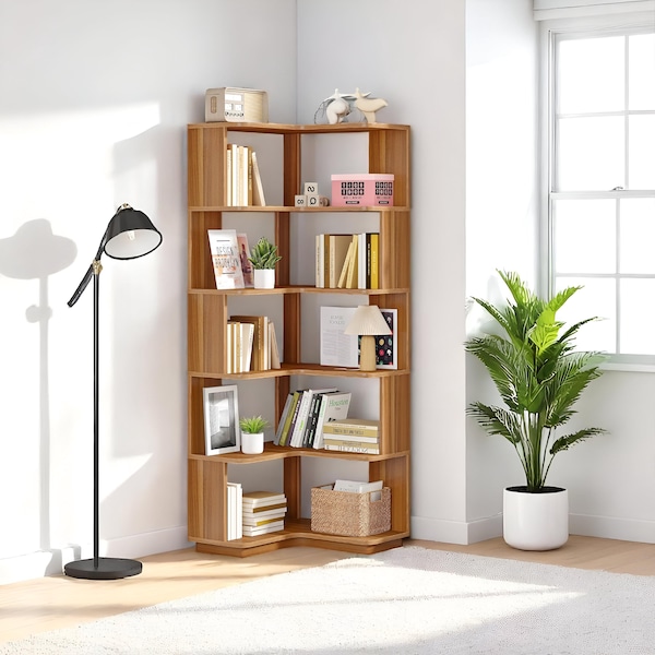 Unique Wooden Bookshelf, Corner Bookshelf, Bookcase with Wood Finish, L-Shaped  with Baffle for Home Office & decor