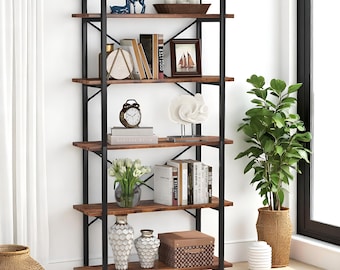 Metal bookshelf | Wooden bookshelf| Bookcase Rustic Tall Etagere with Metal Frame, Open Shelves| Perfect for modern home decoration.