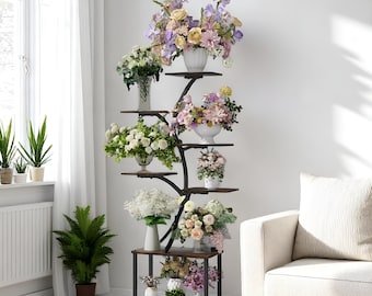 Tall Plant Stand Indoor, corner flower stand, Display rack, Black and Brown Flower Rack | tree shape 7 tier Metal & Wood plant Holder