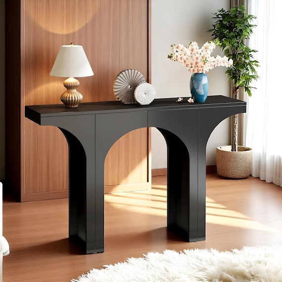 Antique Console Table, Modern Black Entryway Table wood with Arch Base, Minimalist Wooden Hallway Sofa side, Living Room