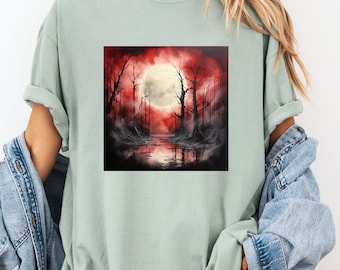 Dark Forest Moon Shirt, Red Sky Foggy Trees Tee, Horror Landscape Reflection Tee, Spooky Night, Gothic Autumn, Horror Scene,Water Reflection