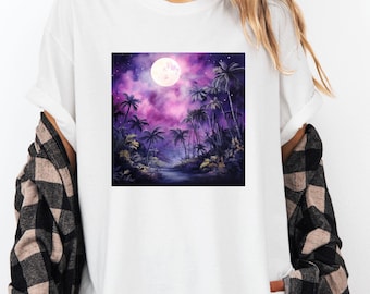 Tropical Moon Shirt, Purple Pink Sky, Palm Tree Night, Starry Jungle Landscape, Dreamy Island, Purple Sky, Pink Clouds, Night Jungle