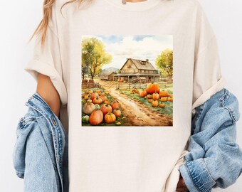 Pumpkin Farmhouse, Rustic Fall Path, Autumn Harvest Barn Tee, Country Landscape, Pumpkin Farm, Autumn Farm Tee, Pumpkin Patch Shirt