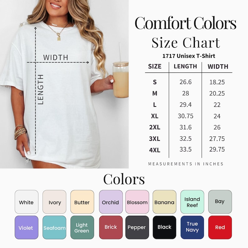 a woman wearing a white t - shirt with the measurements of her shirt