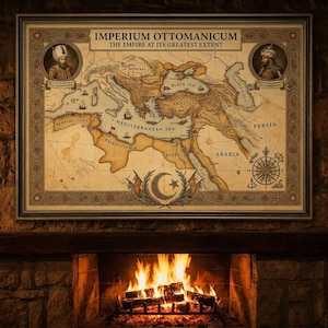 Lienzo con mapa del Imperio Otomano / Lámina decorativa de pared con la historia de Solimán el Magnífico (Imperium Ottomanicum)