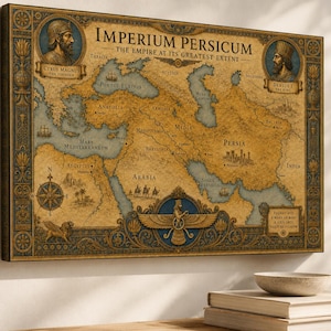 May include: A rectangular wall art print featuring a vintage-style map titled IMPERIUM PERSICUM THE EMPIRE AT ITS GREATEST EXTENT. The map displays historical regions in tan with blue water, portraits of Cyrus Magnus and Darius I, and a central Faravahar symbol.