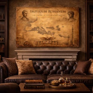 Può includere: Un soggiorno con un divano in pelle marrone, cuscini e un tavolino. Una grande mappa incorniciata dell'Impero Romano è sopra il camino. Librerie fiancheggiano il divano. Una lampada è su un tavolino.