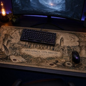 Peut inclure: Tapis de bureau rectangulaire avec un design de carte vintage, un clavier noir et une souris noire. Le tapis présente le texte "ARS LONGA, VITA BREVIS" et des illustrations d'éléments architecturaux et d'une boussole.