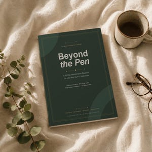 Puede incluir: Un libro verde oscuro titulado "Beyond the Pen" con texto blanco, sobre una superficie color crema. El libro tiene un borde dorado y texto sobre un plan de mantenimiento de 90 días. También se ven una taza de cerámica y gafas.