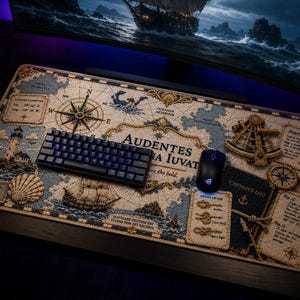 May include: A nautical-themed desk mat with a map design, featuring a compass rose, lighthouse, and sailing ships. A black keyboard and mouse are on the mat. The mat has the text "Audentes Fortuna Iuvat" and "Captain's Log".