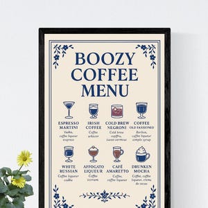Cartaz de menu de café alcoólico | Impressão de bar de Martini expresso | Arte de parede de café com álcool | Receita de coquetel para impressão | Decoração de bar de cozinha digital para baixo