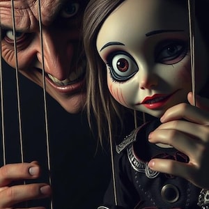 Puede incluir: Imagen de primer plano de una muñeca con ojos grandes y lápiz labial rojo, sostenida por hilos. Un rostro siniestro aparece detrás de la muñeca, creando una composición dramática. La muñeca viste un atuendo negro con detalles plateados.
