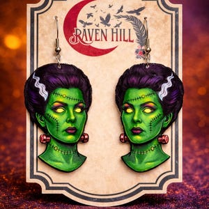 Bride of Frankenstein Earrings  Spooky Goth Glow Statement Jewelry
