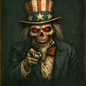 May include: Digital artwork of a skeletal figure in a blue suit, red bow tie, and a top hat with stars and stripes. The figure points at the viewer with a sinister expression, red eyes, and a decaying appearance.