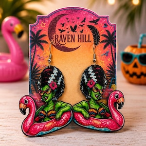 Bride of Frankenstein Flamingo Float Earrings | Summerween Spooky Beach Jewelry