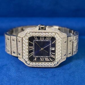 Mens Stainless Steel Moissanite Watch Navy Blue Dial Face Luxury Custom Automatic Movement
