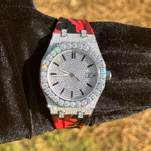 Montre en caoutchouc camouflage rouge moissanite pour homme, designer octogonal, montre-bracelet personnalisée de luxe hip hop automatique