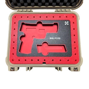 May include: Tan hard case with a red and black interior. The interior is custom-cut to hold a SIG P322 pistol and a magazine. The case is open, revealing the foam inserts designed to protect the firearm.