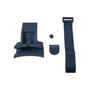 May include: A collection of black hardware components, including a curved bracket, a small metal screw, a D-shaped piece, and a nylon strap with a buckle. The items are arranged against a white background.