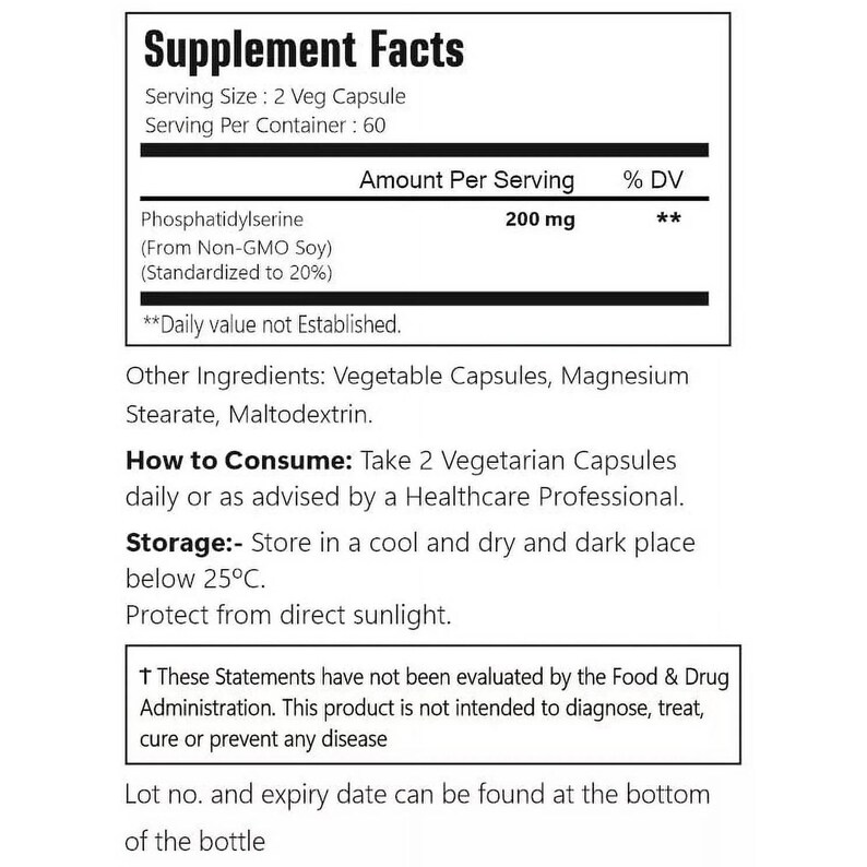 VitaCosmoX phosphatidylserine 200mg supplement fact side - 120 capsules (zoomed in)
