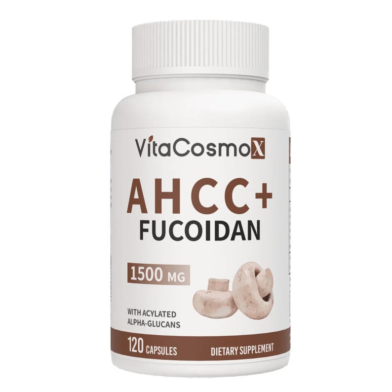 Pu&ograve; includere: Una bottiglia di plastica bianca di integratore alimentare Vita Cosmo X AHCC+ Fucoidan. L'etichetta include il testo "1500 MG", "120 Capsule" e un'immagine di due funghi. La bottiglia ha un tappo a vite bianco.
