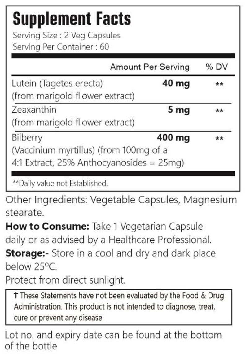 Suplemento de luteína, zeaxantina y arándano: Salud ocular, 120 cápsulas veganas imagen 3