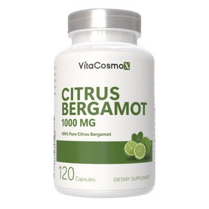 May include: A white bottle of VitaCosmoX Citrus Bergamot dietary supplement. The label features green text and a green bar with illustrations of bergamot fruit. The bottle contains 120 capsules of 1000 MG.