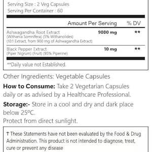 VitaCosmoX ashwagandha supplement fact side - 120 capsules (zoomed in)
