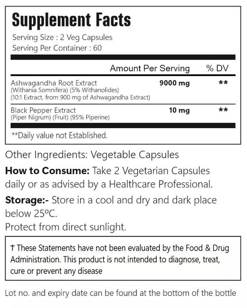 VitaCosmoX ashwagandha supplement fact side - 120 capsules (zoomed in)
