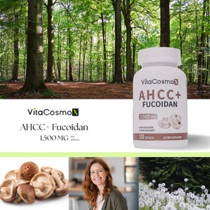 Pu&ograve; includere: Una bottiglia bianca di integratore alimentare VitaCosmo AHCC+ Fucoidan con 120 capsule, 1500 MG. L'etichetta presenta il nome del prodotto e illustrazioni di funghi. Lo sfondo mostra una scena di foresta.