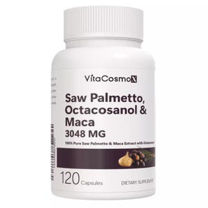 May include: White bottle with a black label that reads "VitaCosmo Saw Palmetto, Octacosanol & Maca 3048 MG 100% Pure Saw Palmetto & Maca Extract with Octacosanol 120 Capsules Dietary Supplement". The label also features a drawing of a plant and a root.