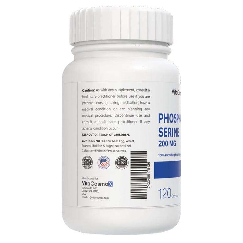 VitaCosmoX phosphatidylserine 200mg caution warning label side - 120 capsules