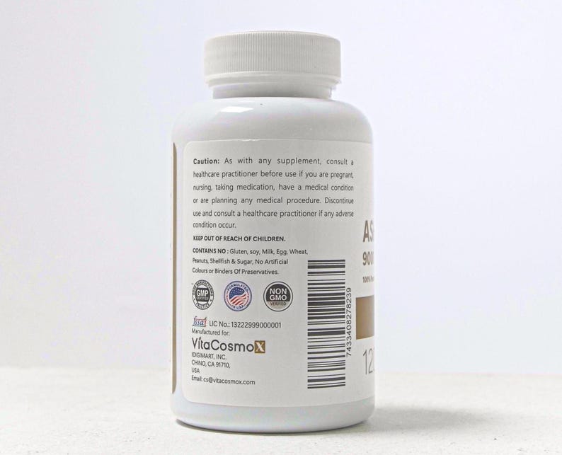 VitaCosmoX ashwagandha caution warning side - 120 capsules (real image)